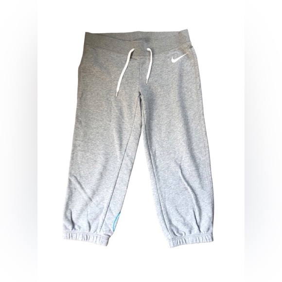 Nike Cropped Gray Sweatpant Size M Jogger Hem Drawstring Large Blue Swish - Picture 1 of 4